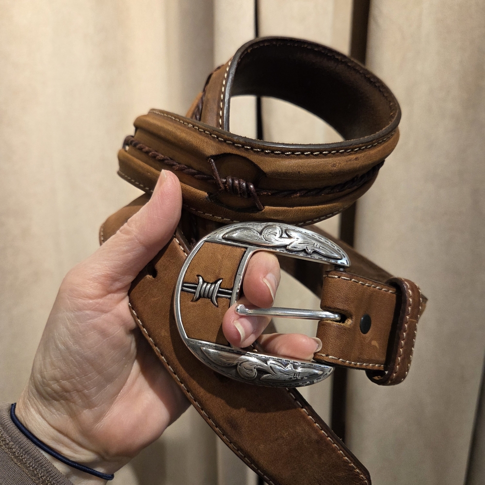 Justin Boots Tan/Brown Leather Western Belt with Silver Buckle
